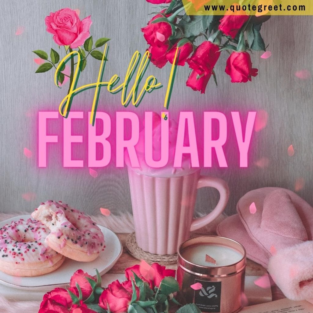 -hello-february-with-pink-roses-flowers-coffee-breakfast-donut-coffee-mug-image-pic-picture