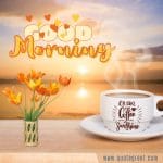 good-morning-coffee-beach-sunrise-flowers-tulips-yellow-mug-tea-cup-image-pic-gud-picture-photo